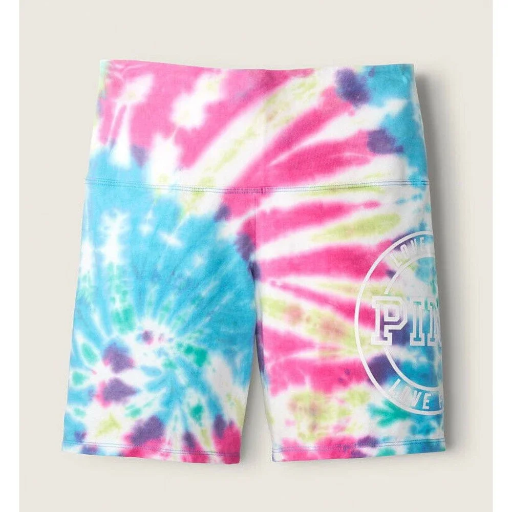 VS VICTORIAS SECRET PINK HIGH WAIST BIKE SHORT SHORTIE SPIRAL TIE DYE M